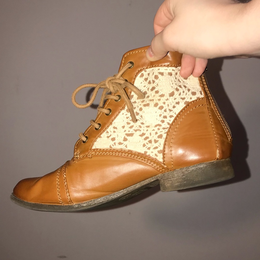 crochet lace brown combat booties